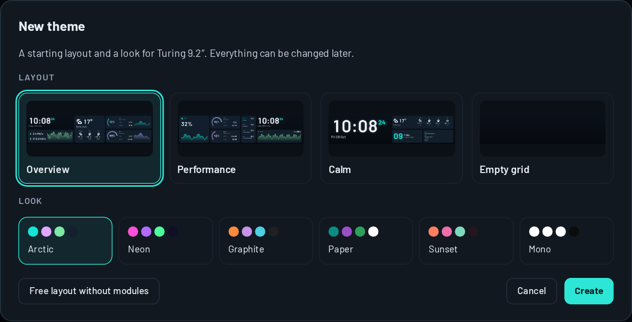 The New theme dialog: starting layouts for the 9.2-inch panel and six looks