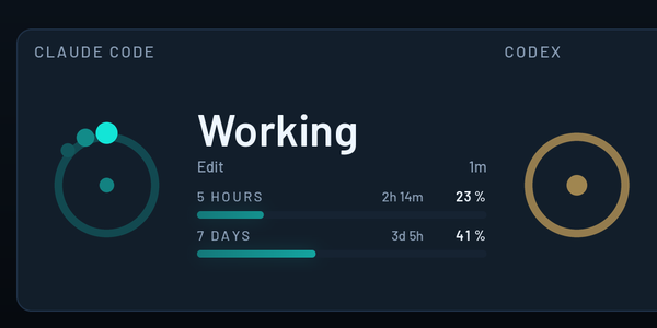 Agents: Claude Code working, with how much of five hours and seven days is used