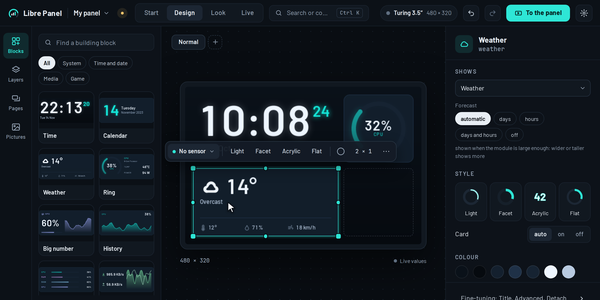 The app's Design view: a weather module on a 3.5-inch panel, the building blocks beside it
