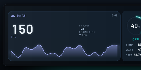 Arena, the game screen: the frame rate large with its 1% low and frame time, and its course