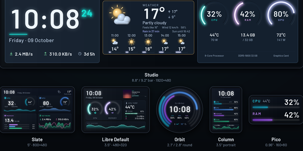 Studio on a bar, and Slate, Libre Default, Orbit, Column and Pico on the smaller panels